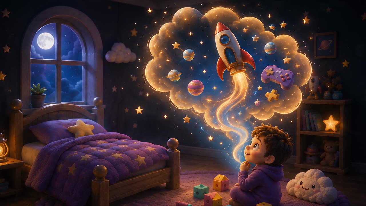 A child in a starry bedroom watches a glowing dream cloud full of planets, a game controller and a rocket.
