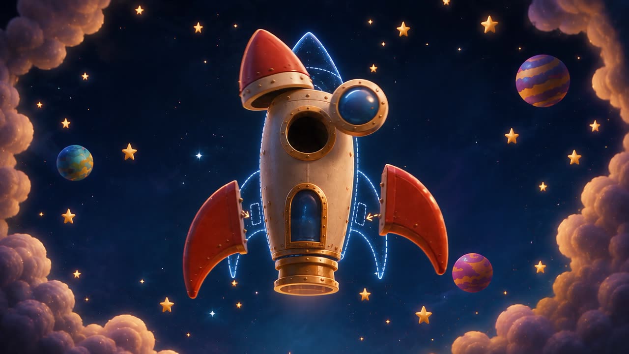 A toy rocket assembles itself in mid-air, fins and nose cone drifting into place along glowing blueprint lines.