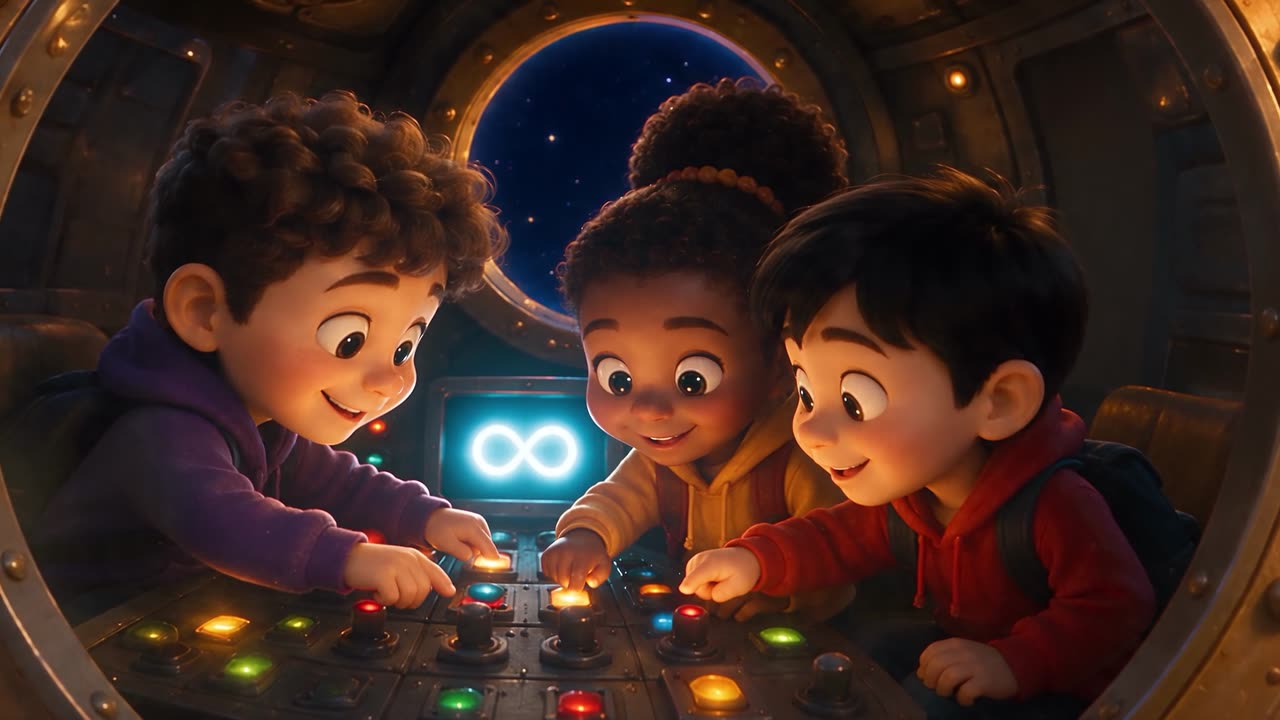 Inside the cockpit, three children press glowing buttons around a lit console screen.