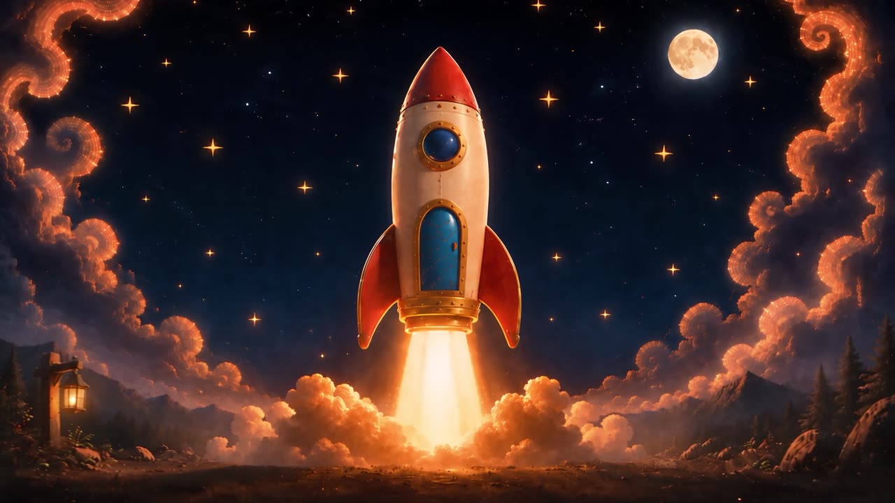 The rocket lifts off on a bright plume of fire, moon and swirling clouds behind it.